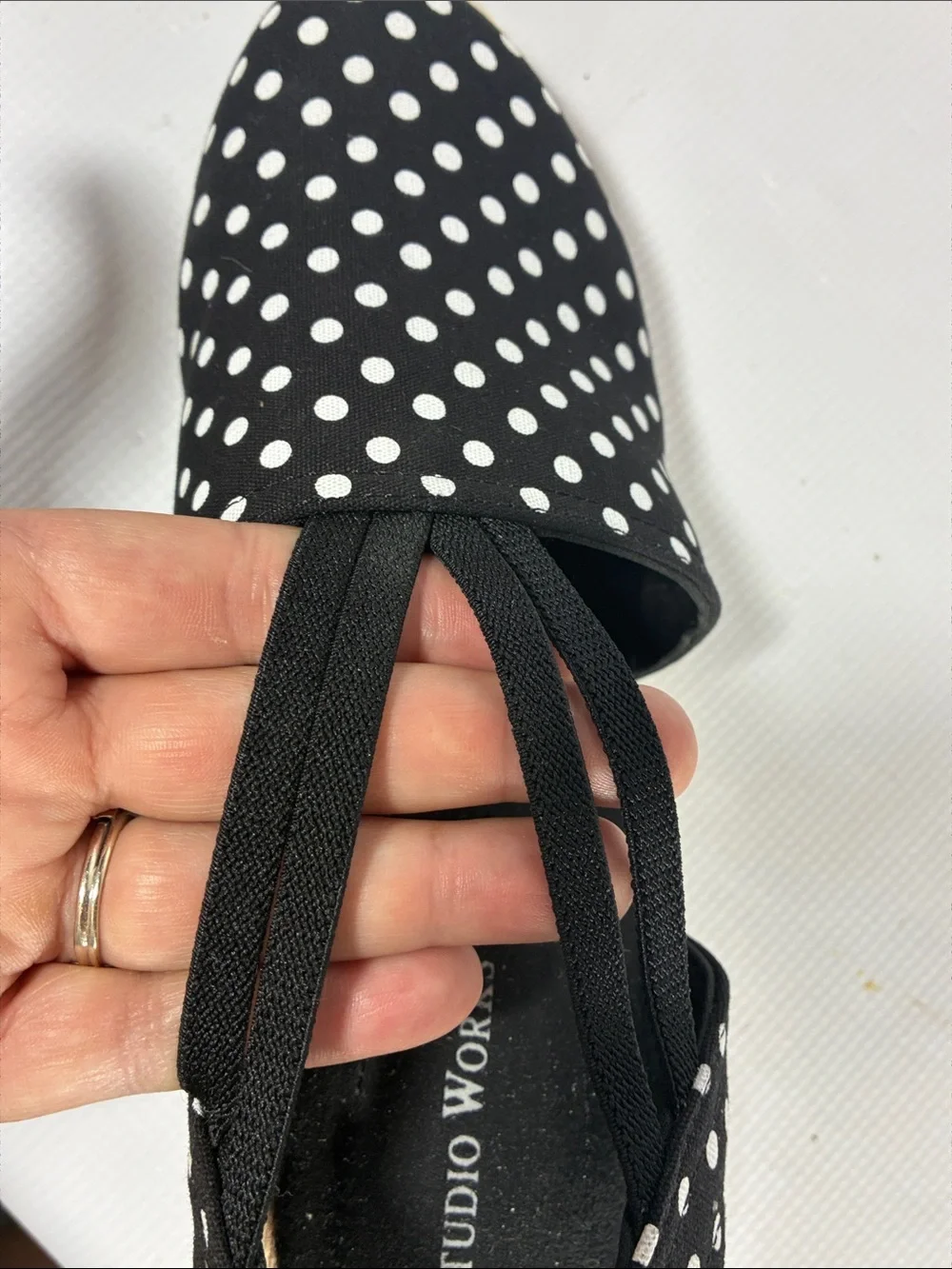 Studio Works Black and White Polka Dot Espadrille Wedge Slingbacks